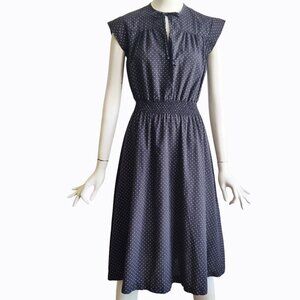 Vintage 70s Chipper California Polka Dot Smocked Waist Tie Neck Midi Dress S